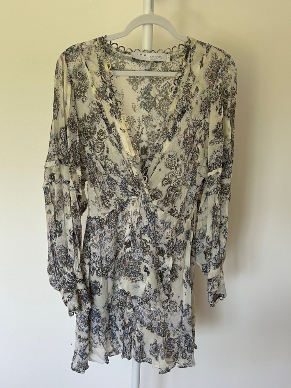 Floral V-Neck Long Sleeve Mini Dress - Cream & Black